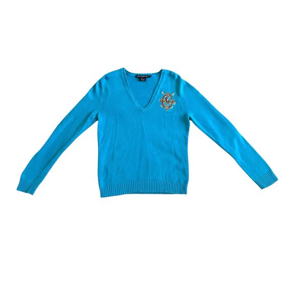 VTG Ralph Lauren Turquoise Crescent Sweater V-Neck Long Sleeve Pullover Size XL - Picture 11 of 16